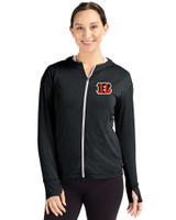 Cincinnati Bengals Cutter & Buck Daybreak Eco Recycled Womens Full Zip Hoodie Black Front