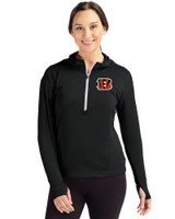 Cincinnati Bengals Cutter & Buck Daybreak Eco Recycled Womens Half Zip Hoodie Black Front