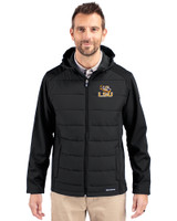 LSU Tigers Cutter & Buck Evoke Hybrid Eco Softshell Recycled Full Zip Mens Big & Tall Hooded Jacket Black Front