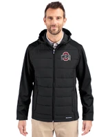 Ohio State Buckeyes- Cutter & Buck Evoke Hybrid Eco Softshell Recycled Full Zip Mens Big & Tall Hooded Jacket Black Front