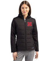Nebraska Cornhuskers Cutter & Buck Evoke Hybrid Softshell Recycled Full Zip Womens Hooded Jacket Black Front