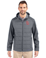St. Louis Cardinals Cutter & Buck Evoke Hybrid Softshell Recycled Full Zip Mens Hooded Jacket Elemental Grey Front