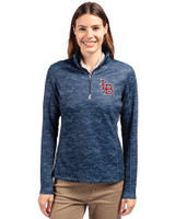 Louisville Bats Cutter & Buck Traverse Stretch Eco Camo Print Quarter Zip Womens Pullover Navy Blue Front