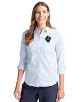 Hillsboro Hops Cutter & Buck Stretch Oxford Stripe Womens Long Sleeve Dress Shirt Light Blue Front