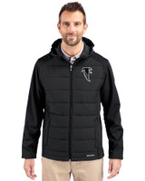 Atlanta Falcons Historic Cutter & Buck Evoke Hybrid Eco Softshell Recycled Full Zip Mens Big & Tall Hooded Jacket Black Front