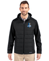 Detroit Lions Historic Cutter & Buck Evoke Hybrid Eco Softshell Recycled Full Zip Mens Big & Tall Hooded Jacket Black Front