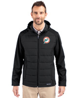 Miami Dolphins Historic Cutter & Buck Evoke Hybrid Eco Softshell Recycled Full Zip Mens Big & Tall Hooded Jacket Black Front