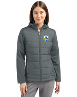 Los Angeles Chargers Historic Cutter & Buck Evoke Hybrid Softshell Recycled Full Zip Womens Hooded Jacket Elemental Grey Front