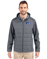 Seattle Seahawks Historic Cutter & Buck Evoke Hybrid Softshell Recycled Full Zip Mens Hooded Jacket Elemental Grey Front