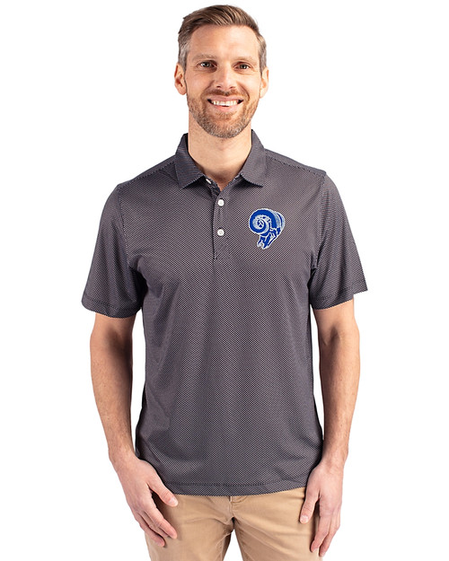 Los Angeles Rams Historic Cutter & Buck Pike Eco Symmetry Print Stretch Recycled Mens Polo Black/White Front
