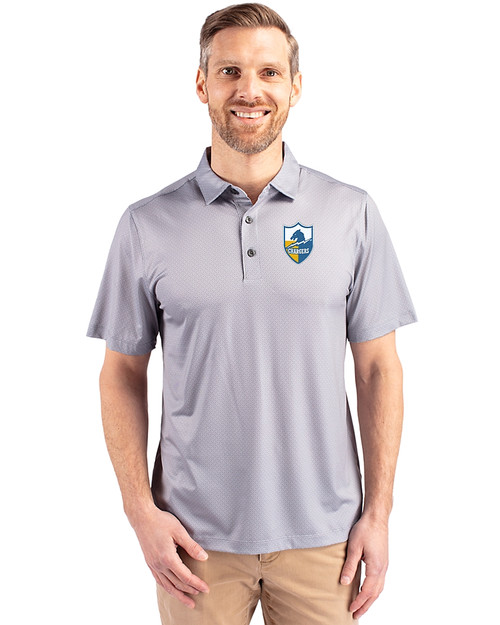 Los Angeles Chargers Historic Cutter & Buck Pike Eco Tonal Geo Print Stretch Recycled Mens Big & Tall Polo Elemental Grey Front