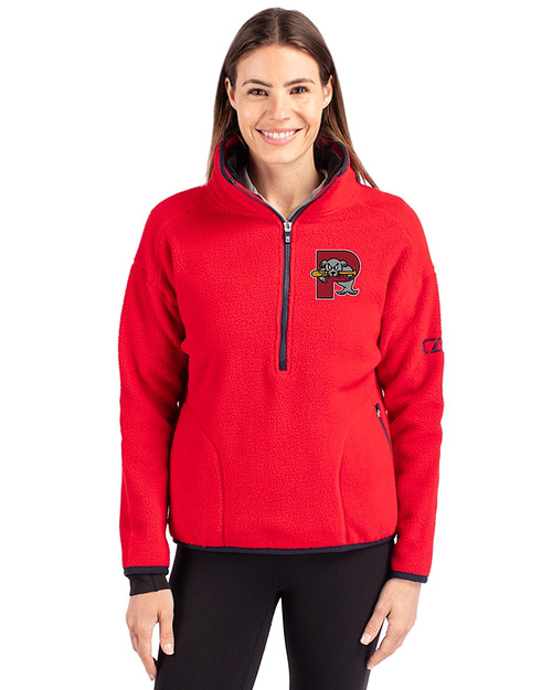 Portland Sea Dogs Cutter & Buck Cascade Epic Comfort Recycled Sherpa Fleece Womens Pullover Jacket Red/Navy Blue Front