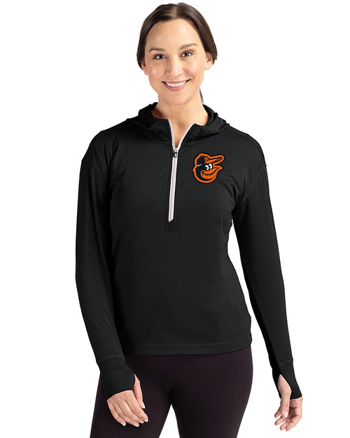 Baltimore Orioles Cutter & Buck Daybreak Eco Recycled Womens Half Zip Hoodie Black Front