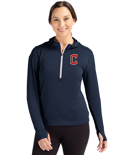 Cleveland Guardians - Cutter & Buck Daybreak Eco Recycled Womens Half Zip Hoodie Navy Blue Front