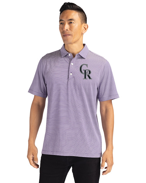 Colorado Rockies Cutter & Buck Forge Eco Double Stripe Stretch Recycled Mens Polo College Purple/White Front