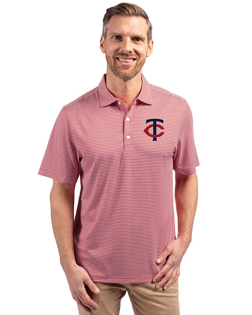 Minnesota Twins Cutter & Buck Forge Eco Double Stripe Stretch Recycled Mens Polo Cardinal Red/White Front
