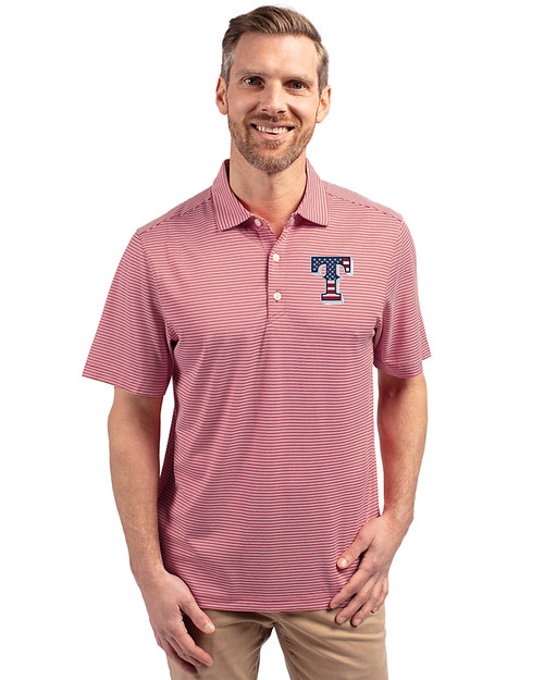 Texas Rangers Stars & Stripes Cutter & Buck Forge Eco Double Stripe Stretch Recycled Mens Polo Cardinal Red/White Front