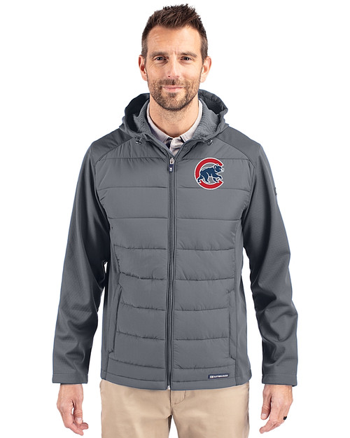 Chicago Cubs Cutter & Buck Evoke Hybrid Eco Softshell Recycled Full Zip Mens Big & Tall Hooded Jacket Elemental Grey Front