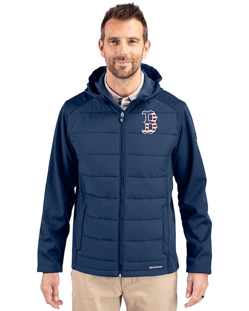 Boston Red Sox Stars & Stripes Cutter & Buck Evoke Hybrid Eco Softshell Recycled Full Zip Mens Big & Tall Hooded Jacket Navy Blue Front