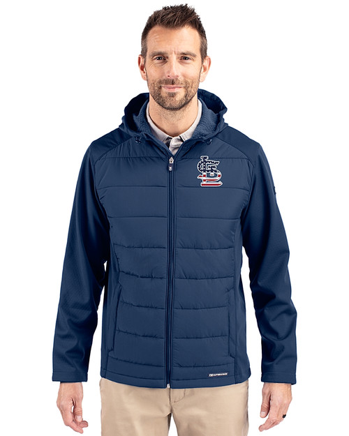 St. Louis Cardinals Stars & Stripes Cutter & Buck Evoke Hybrid Eco Softshell Recycled Full Zip Mens Big & Tall Hooded Jacket Navy Blue Front
