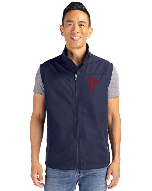 Philadelphia Phillies Cutter & Buck Charter Eco Full-Zip Mens Big & Tall Vest Navy Blue Front