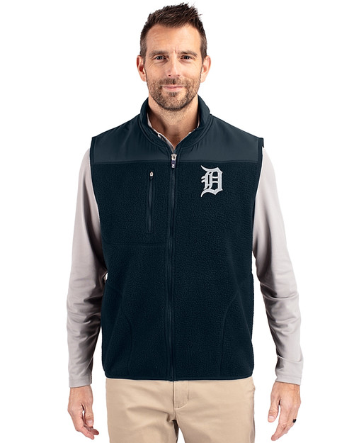 Detroit Tigers Cutter & Buck Cascade Eco Sherpa Mens Big and Tall Fleece Vest Navy Blue Front