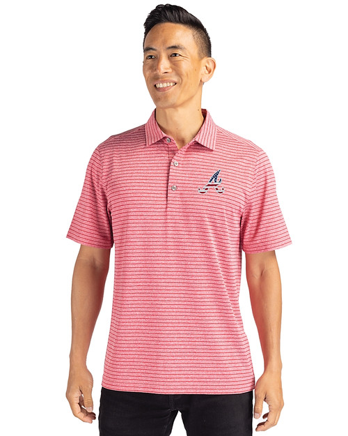 Atlanta Braves Stars & Stripes Cutter & Buck Forge Eco Heather Stripe Stretch Recycled Mens Big & Tall Polo Cardinal Red Heather Front