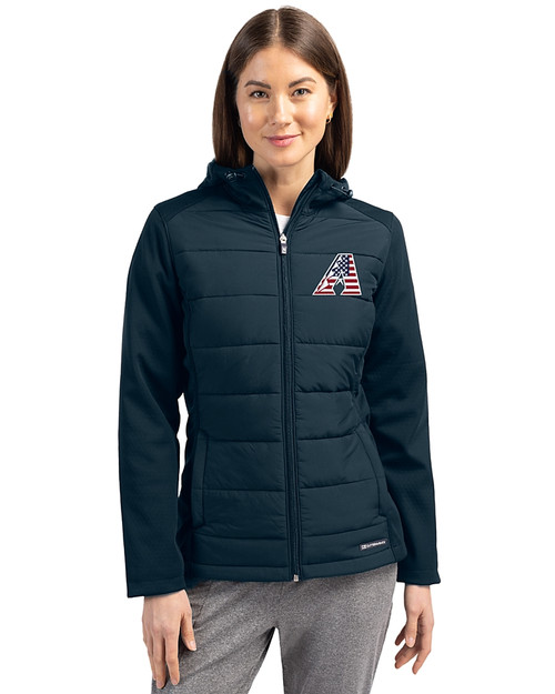 Arizona Diamondbacks Stars & Stripes Cutter & Buck Evoke Hybrid Softshell Recycled Full Zip Womens Hooded Jacket Navy Blue Front