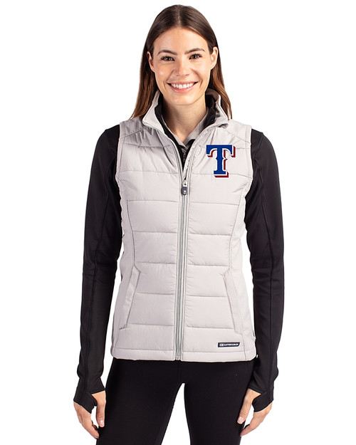 Texas Rangers Cutter & Buck Evoke Hybrid Softshell Recycled Womens Full Zip Vest CONCRETE Front