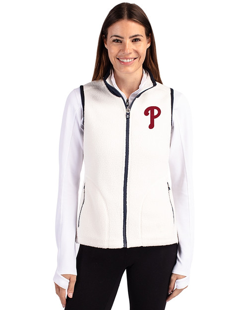 Philadelphia Phillies Cutter & Buck Cascade Eco Fleece Womens Vest Shell/Navy Blue Front