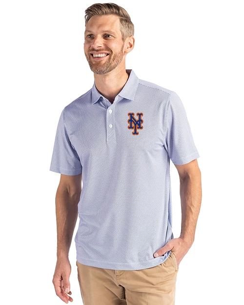 New York Mets Cutter & Buck Pike Recycled Symmetry Print Mens Polo White/Tour Blue Front