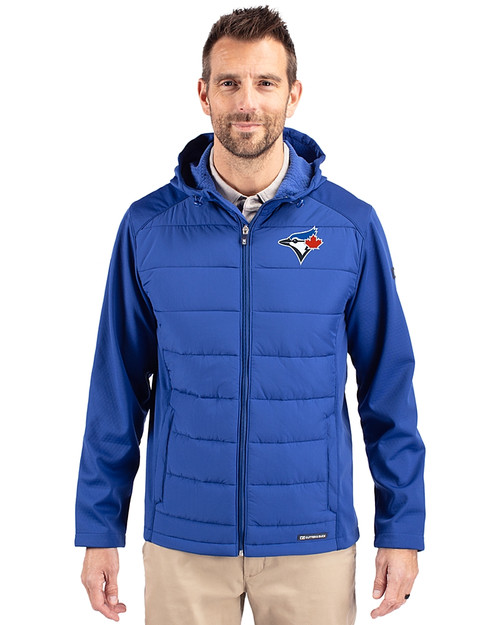 Toronto Blue Jays Cutter & Buck Evoke Hybrid Softshell Recycled Full Zip Mens Hooded Jacket Tour Blue Front
