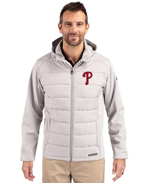 Philadelphia Phillies Cutter & Buck Evoke Recycled Honeycomb Fleece Mens Hybrid Full Zip Jacket CONCRETE Front