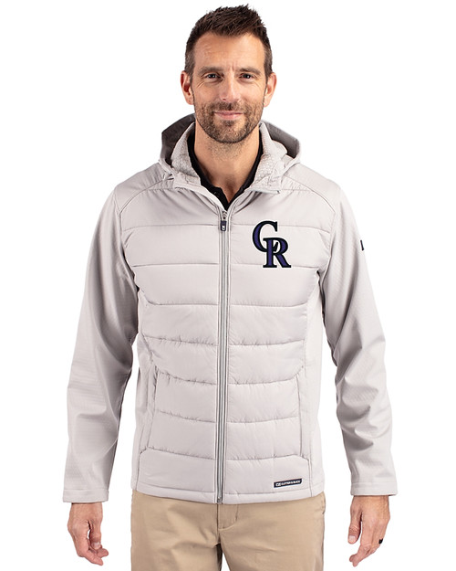 Colorado Rockies Cutter & Buck Evoke Hybrid Softshell Recycled Full Zip Mens Hooded Jacket CONCRETE Front