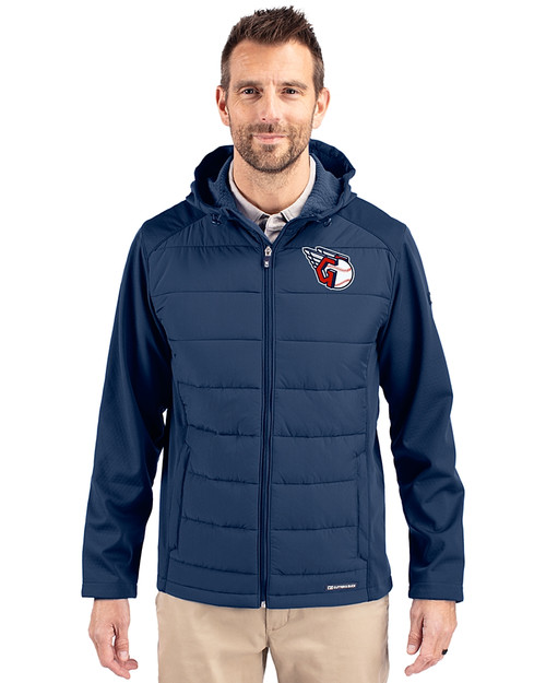 Cleveland Guardians Cutter & Buck Evoke Hybrid Softshell Recycled Full Zip Mens Hooded Jacket Navy Blue Front