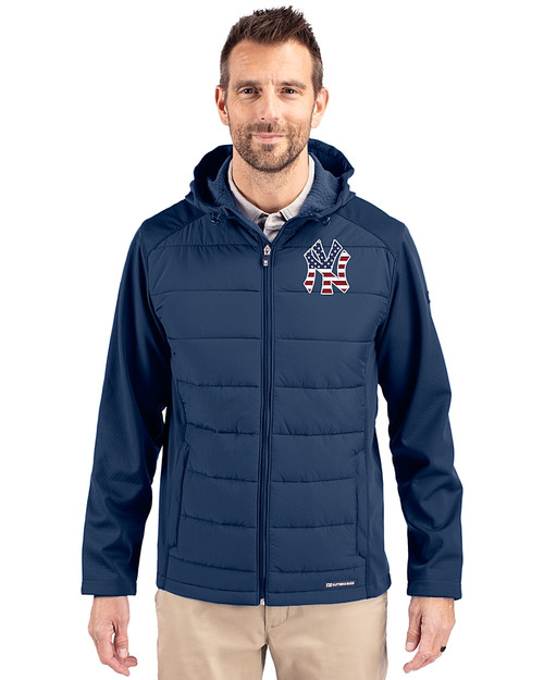 New York Yankees Stars & Stripes Cutter & Buck Evoke Hybrid Softshell Recycled Full Zip Mens Hooded Jacket Navy Blue Front