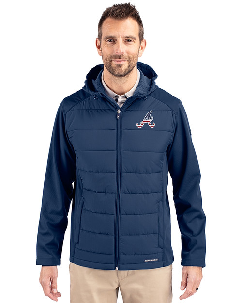 Atlanta Braves Stars & Stripes Cutter & Buck Evoke Hybrid Softshell Recycled Full Zip Mens Hooded Jacket Navy Blue Front