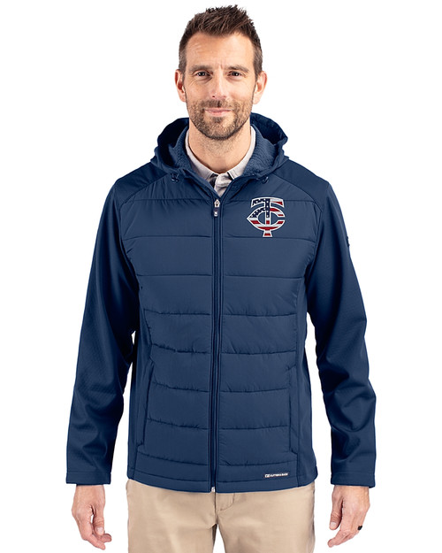 Minnesota Twins Stars & Stripes Cutter & Buck Evoke Hybrid Softshell Recycled Full Zip Mens Hooded Jacket Navy Blue Front
