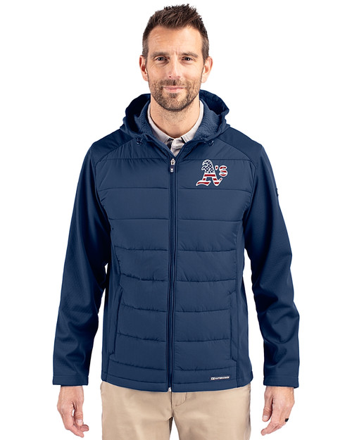 Athletics Stars And Stripes Cutter & Buck Evoke Hybrid Softshell Recycled Full Zip Mens Hooded Jacket Navy Blue Front