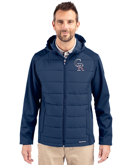 Colorado Rockies Stars & Stripes Cutter & Buck Evoke Hybrid Softshell Recycled Full Zip Mens Hooded Jacket Navy Blue Front