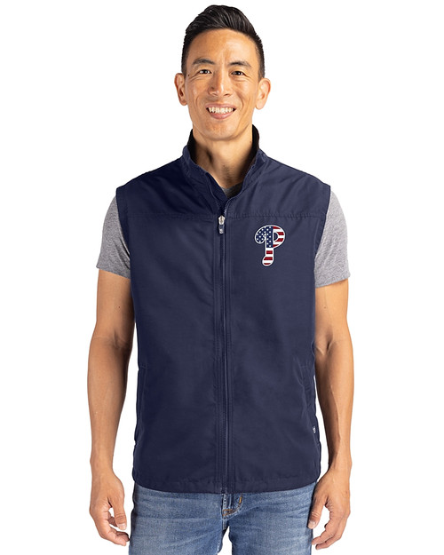 Philadelphia Phillies Stars & Stripes Cutter & Buck Charter Eco Recycled Mens Full-Zip Vest Navy Blue Front