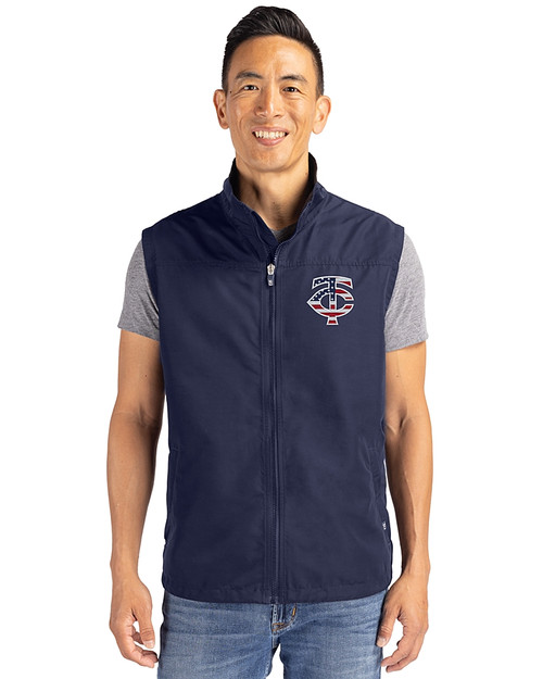 Minnesota Twins Stars & Stripes Cutter & Buck Charter Eco Recycled Mens Full-Zip Vest Navy Blue Front