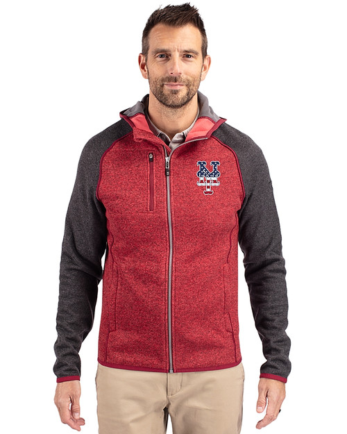 New York Mets Stars & Stripes Cutter & Buck Mainsail Full Zip Hooded Mens Jacket Cardinal Red Heather/Charcoal Heather Front