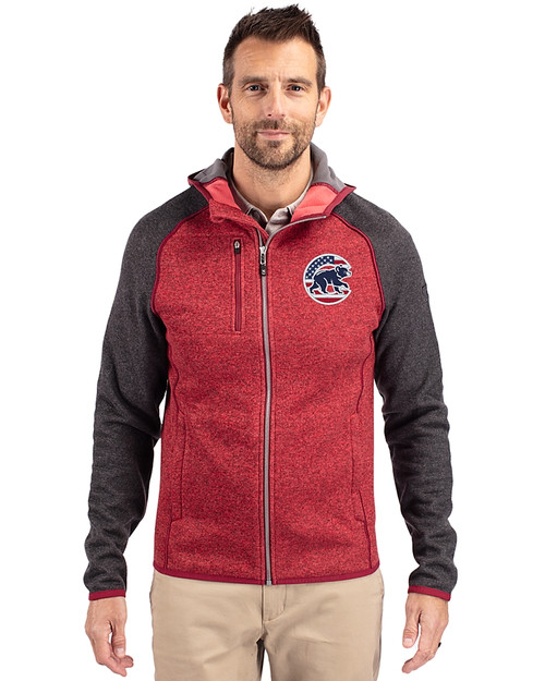 Chicago Cubs Stars & Stripes Cutter & Buck Mainsail Full Zip Hooded Mens Jacket Cardinal Red Heather/Charcoal Heather Front