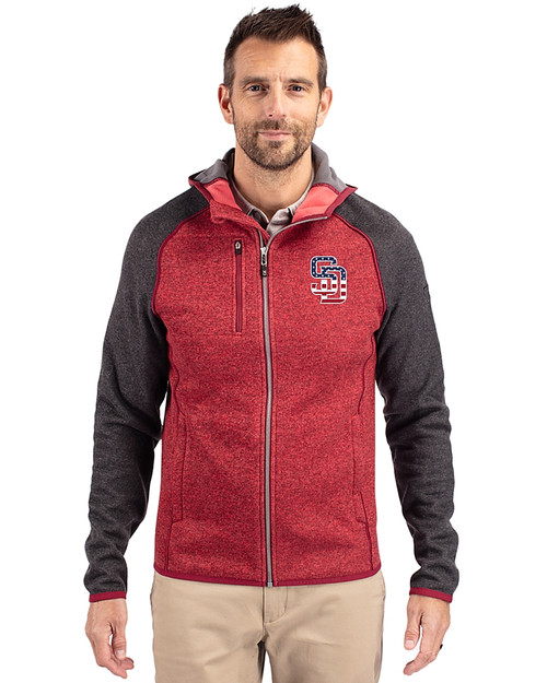 San Diego Padres Stars & Stripes Cutter & Buck Mainsail Full Zip Hooded Mens Jacket Cardinal Red Heather/Charcoal Heather Front
