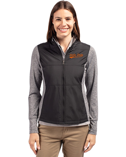 Idaho State Bengals College Vault Cutter & Buck Stealth Hybrid Quilted Womens Full Zip Windbreaker Jacket Black Front