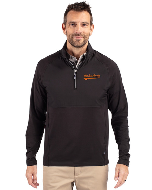 Idaho State Bengals College Vault Cutter & Buck Adapt Eco Knit Hybrid Recycled Mens Quarter Zip Black Front
