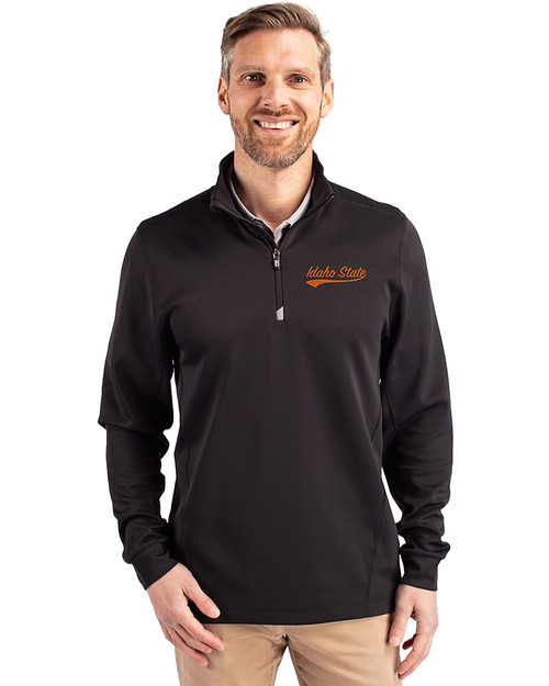 Idaho State Bengals College Vault Cutter & Buck Traverse Stretch Eco Quarter Zip Mens Big and Tall Pullover Black Front