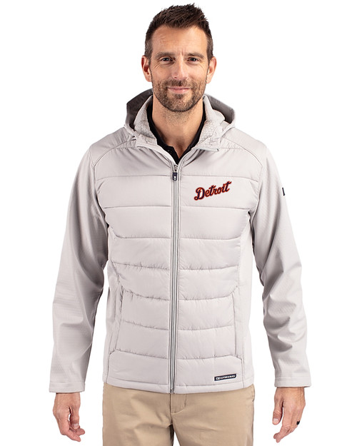 Detroit Tigers Cooperstown Cutter & Buck Evoke Hybrid Softshell Recycled Full Zip Mens Hooded Jacket CONCRETE Front