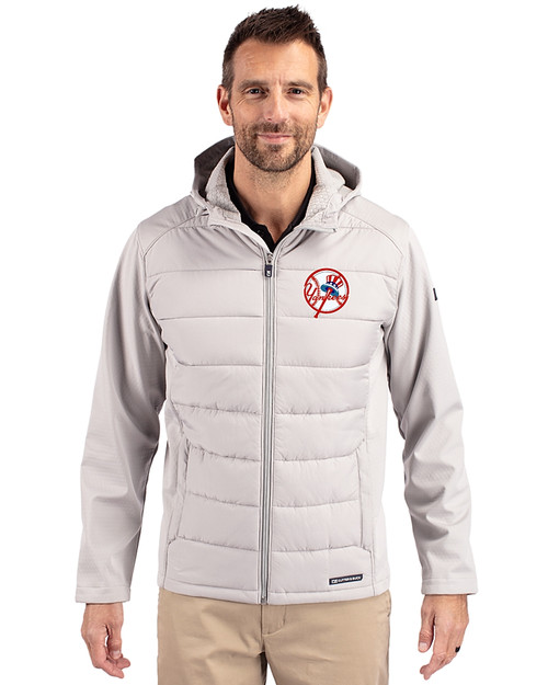 New York Yankees Cooperstown Cutter & Buck Evoke Recycled Honeycomb Fleece Mens Hybrid Full Zip Jacket CONCRETE Front